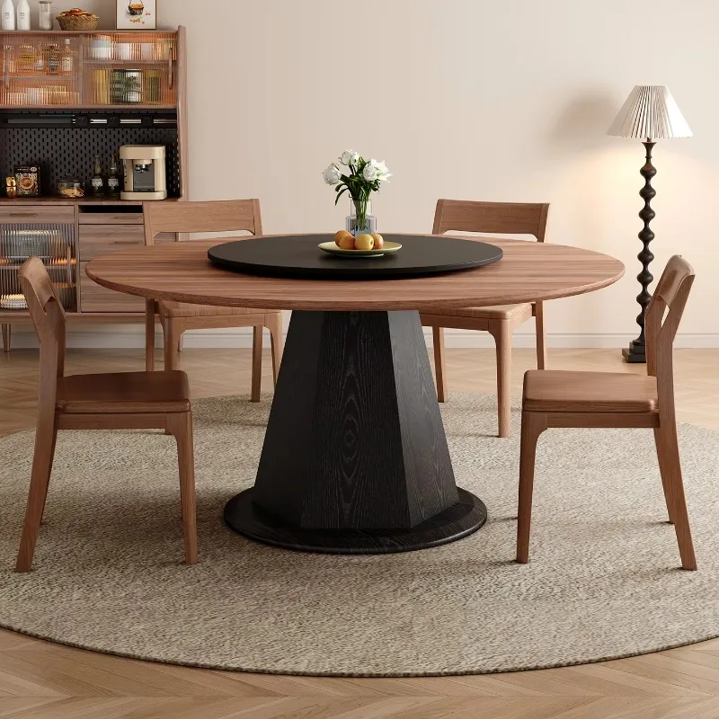 Luxury Modern Round Dining Table Wooden With Black Turntable Sintered Stone Top And Wood Legs 6 Seater Kitchen/Dining Use