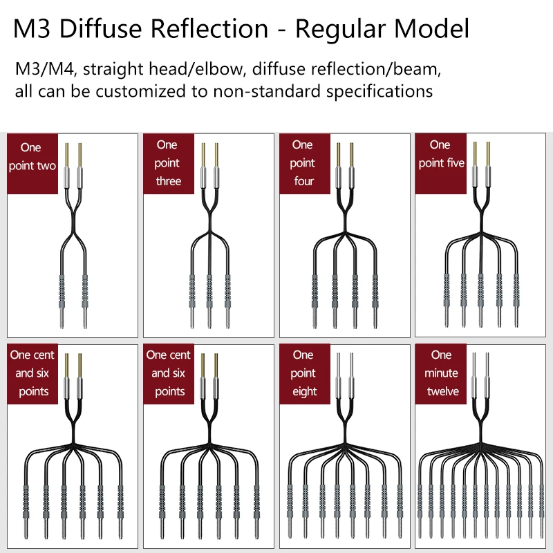 The multi-head optical fiber sensor amplifier and multi-head sensor probe are positioned for the diffuse reflection mold