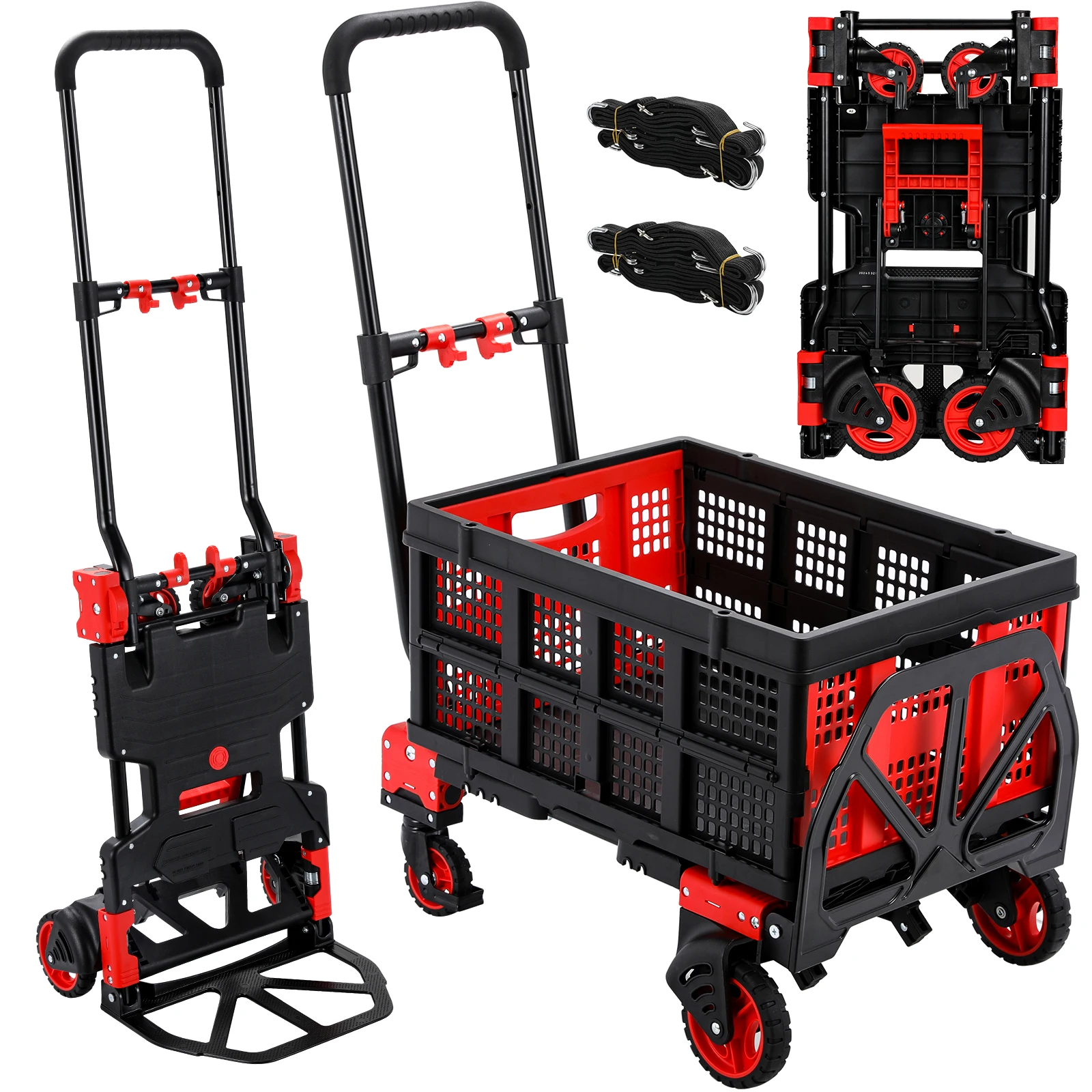 Hand Truck Dolly, 2-in-1Platform Cart Dolly with 22’’ Folding Basket, Collapsible Utility Luggage Dolly Cart, 330LBS