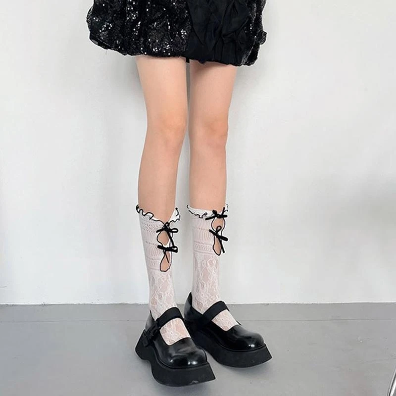 

Японские кружевные носки до середины икры JK, полые носки с бантом в стиле ретро, ​​носки для косплея, 15UB
