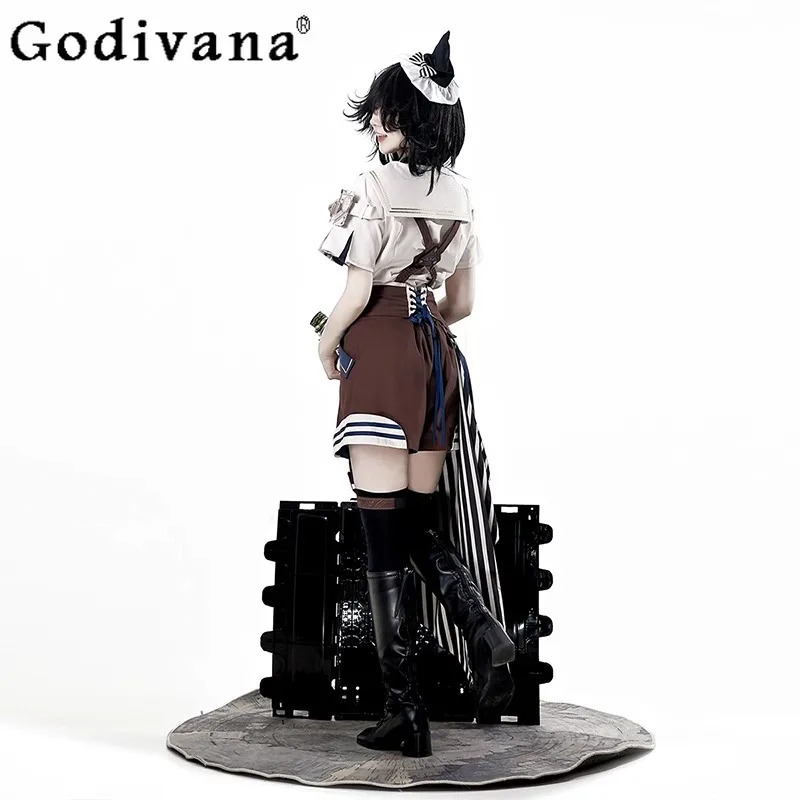 Conjunto de tres piezas para mujer, disfraz de Príncipe Cos, ropa de Cosplay Original de Lolita, camisa con cuello azul marino y tirantes, traje de cola corto