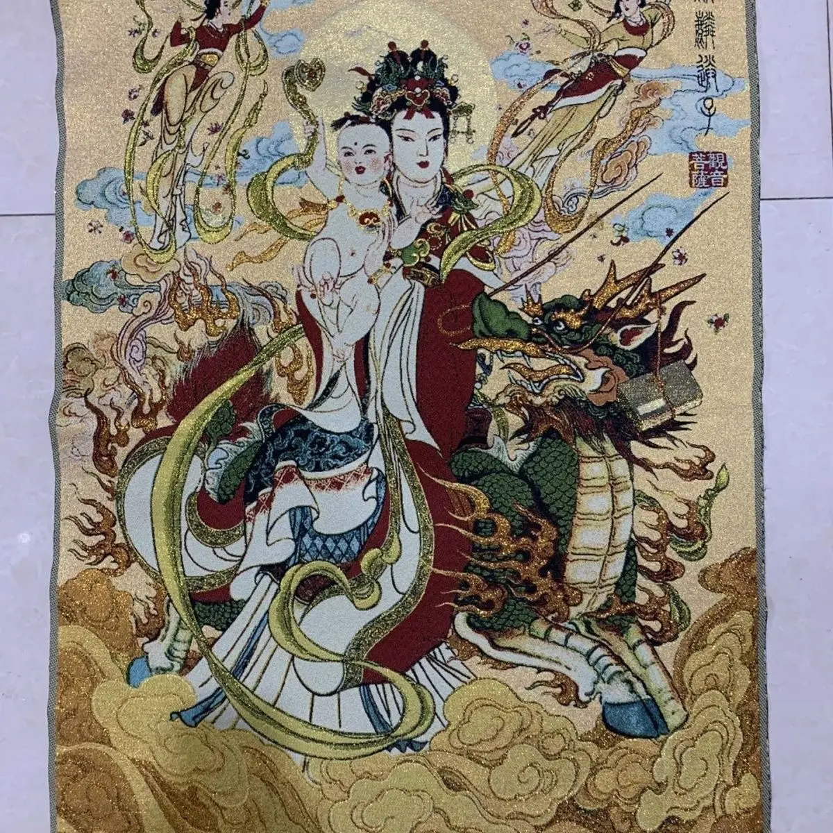 Tibet Tibetan Cloth Silk Guanyin bodhisattva with the auspicious child Thangka Tangka Embroidery Painting