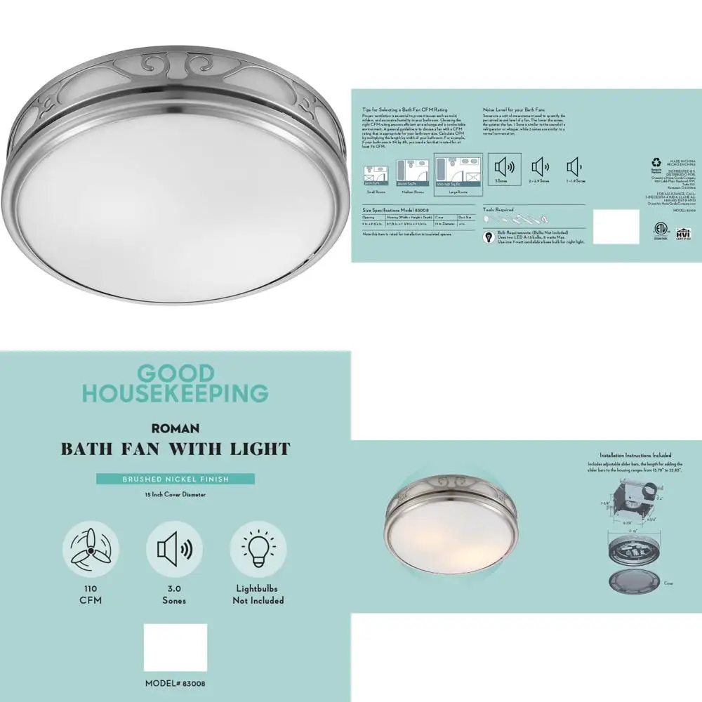 Ventilatore di scarico decorativo per bagno in stile romano 110 CFM 3.0 Sones con luce e luce notturna, finitura in nichel spazzolato