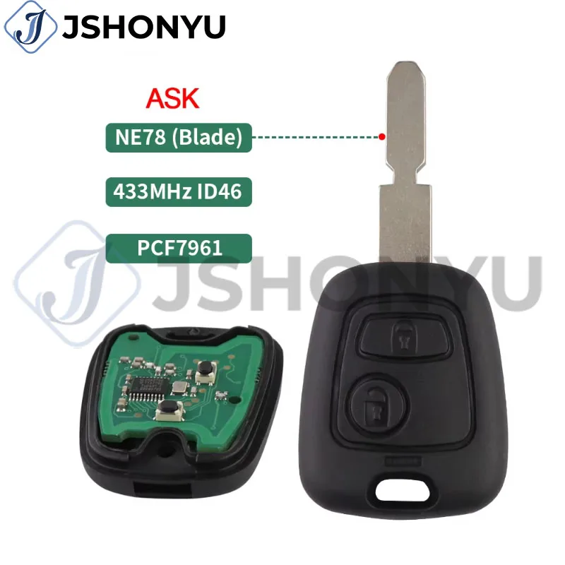

JsHonYu NE78 Blade PCF7961 ID46 Chip 433MHz ASK Remote Key for Peugeot 206 207 307 Citroen C1 C2 C3 C4 Saxo 2 Button