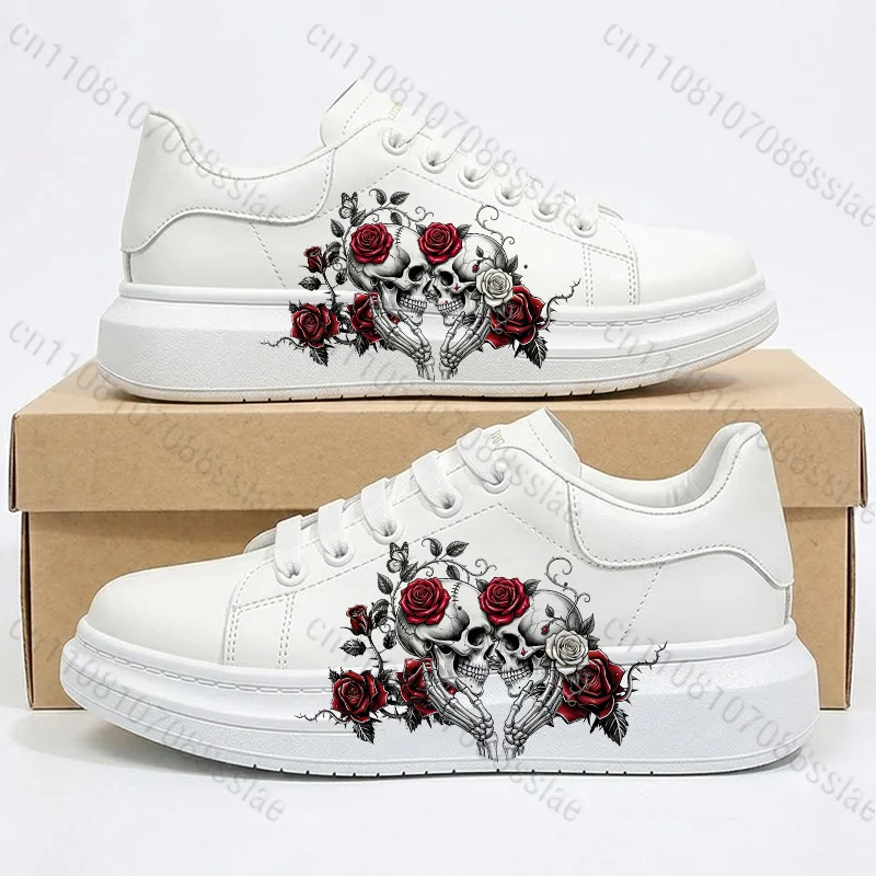 Women White Thick Sole Casual Sneakers Retro Skull Rose Butterfly Graphic Print Lace Up Platform Board Shoes Free Shipping