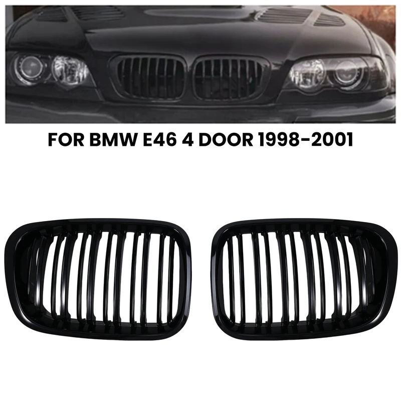 Car Front Kidney Grille Sport Racing Grills For BMW E46 4 Door 1998-2001 Bumper Hood Mesh  Air Vent Radiator Cover