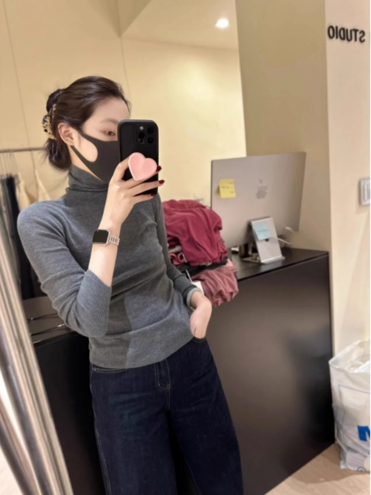 

Elegant Grey Long Sleeve Knitted Base Shirt Women's Fashion Autumn Winter Slim Fit High Collar Sweater Korean Style Commute Wind