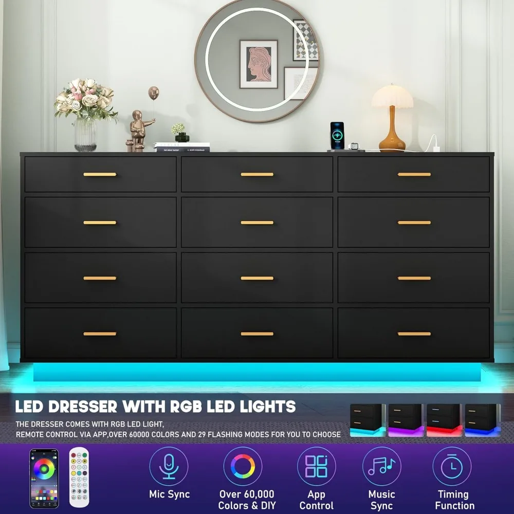 12 Drawers Dresser w/Power Outlet,60000-Colors Lights,63In Long Dresser Chest for Bedroom,Wooden Tall  Storage Cabinet image 4