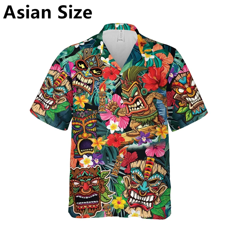 Fashion Tiki Graphic Hawaiian Shirts For Men Summer Vintage Lapel Button 3D Printed Short Sleeve Shirts Loose Streetwear Blouse