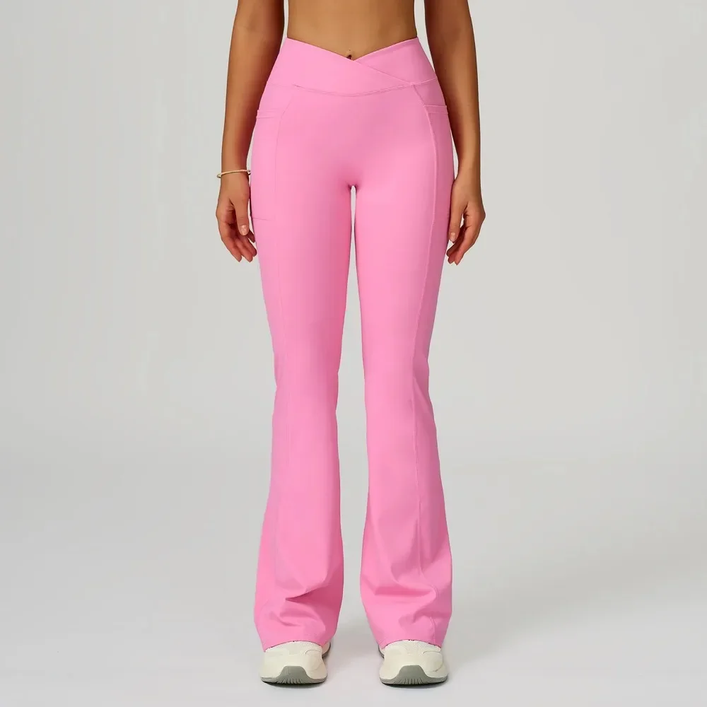 

Flare Leggings Women Yoga Pants Bell-bottoms High Waist Fitness Trouser Stretch Cross Waist Gym Sport Wide Leg Pants With Pocket