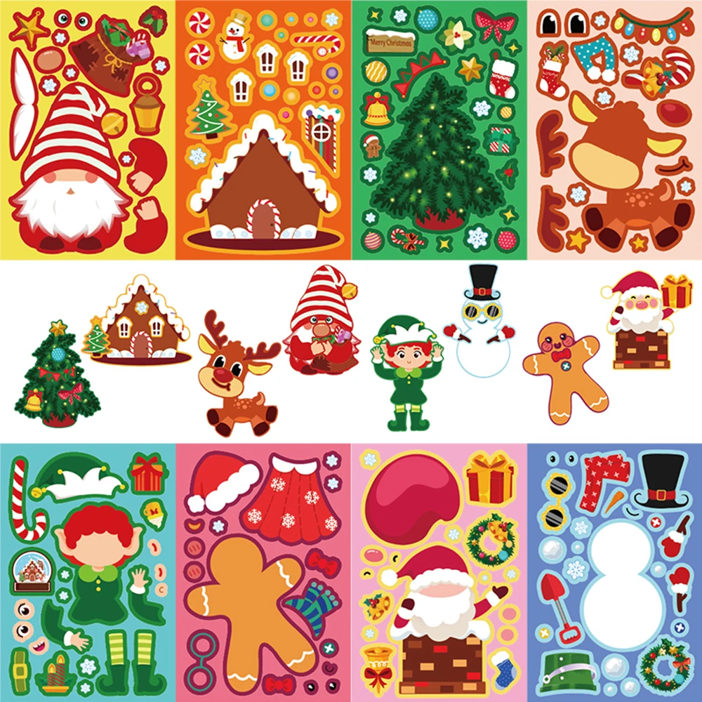 8/16 Stück Cartoon-Weihnachts-Puzzle-Aufkleber. Erstellen Sie Ihren eigenen Weihnachtsmann, DIY Make-a-Face-Puzzlespiele, Party-Aufkleber, Weihnachtsgeschenk