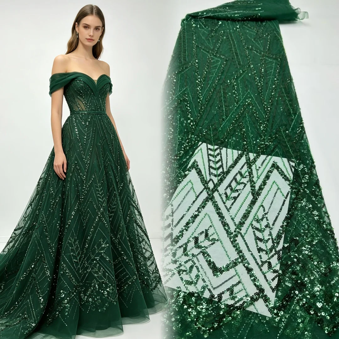 

2026 Dense Mesh Sequin Striped Beads Fabric Glitter Material Fashion Evening Dresses Apparel Costume Design Textile