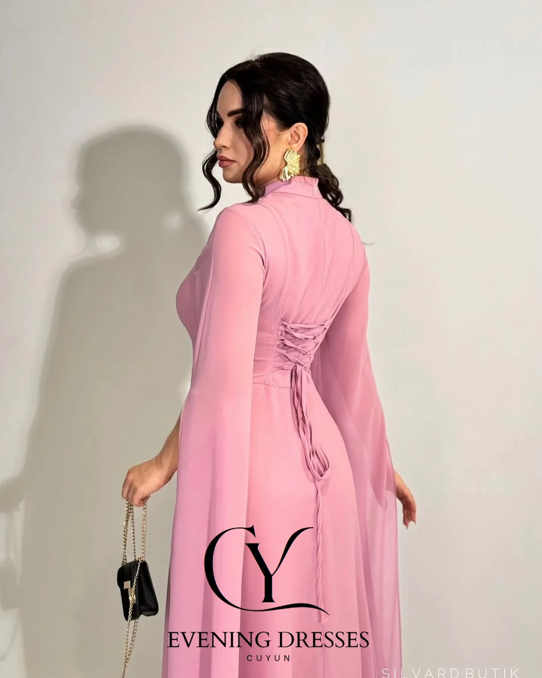 Cuyun elegante chiffon verão evento feminino vestidos de noite personalizado o-pescoço oco para fora mangas compridas com fenda vestidos de baile