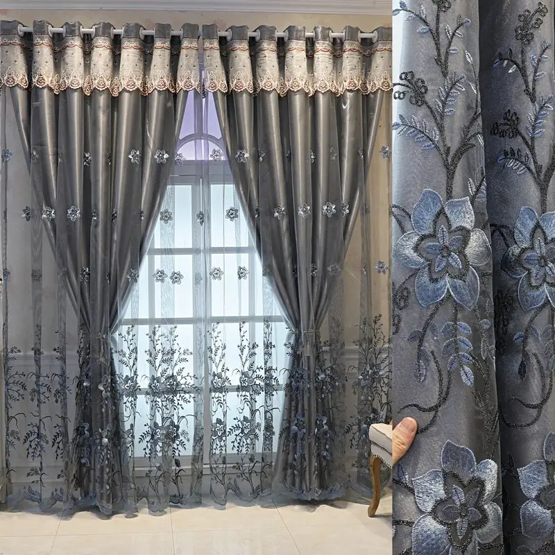 Luxury Embroidered Double Layer Curtain Solid Drape + Sheer Tulle with Floral Pattern Nordic Style for Bedroom & Living Room