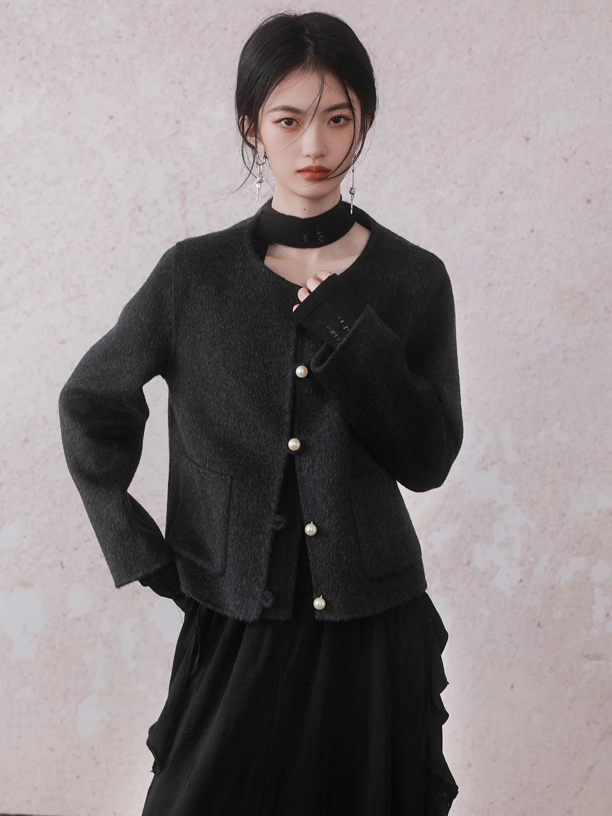 

INGKO Pearl Woolen Coat Carbon ey Milk White Sweet Sle round Ne Long Sve ort Length Женское модное зимнее пальто