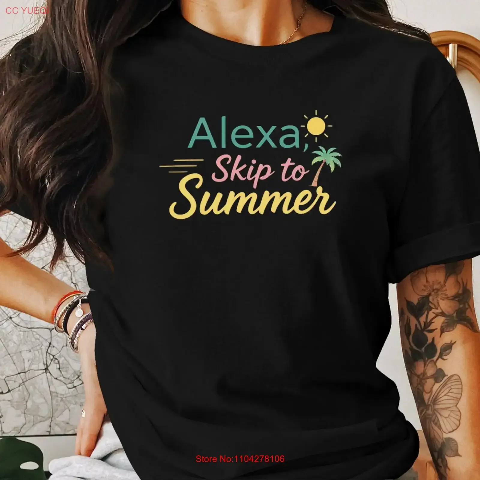 Alexa Skip To Summer T Shirt Fun Vacation Beach Party Top Sun and Palm Tree Design Trendy Apparel vintage Washed fashion Casual
