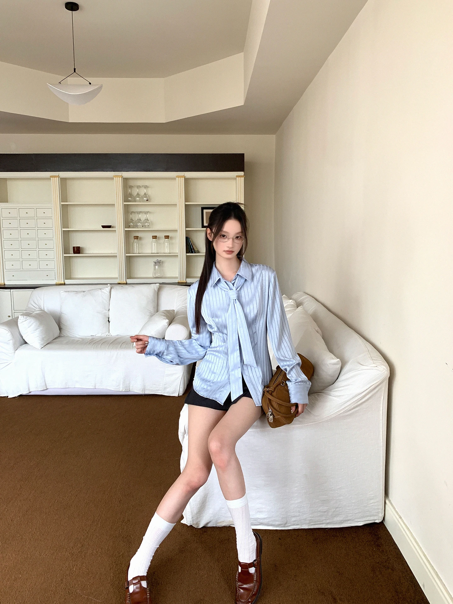 Haut Chic à rayures bleu pour femmes, coupe cintrée, haut Chic, confortable, respirant, Long, en Fiber de Polyester, automne