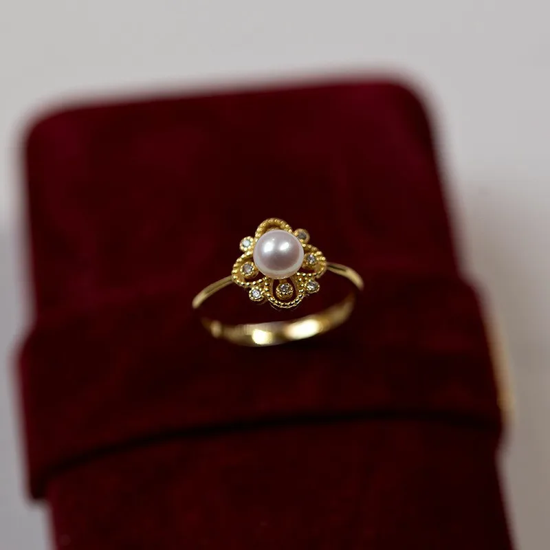 Fashion minimalist exquisite pearl rings for women retro high-end light luxury ring adjustable opening banquet jewelry gift