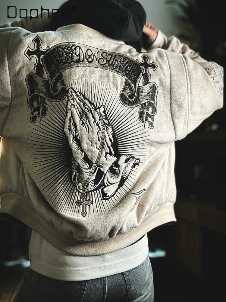 Spring and Autumn New American High Street Style Letter Stripe Embroidered Men's Black Gray Loose Casual Jacket