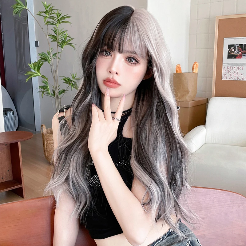 7JHH WIGS Long Water Wave Ash Silvery Wig for Women Synthetic Modest Fashion Wear and Go Ombre Black Wigs with Neat Bangs