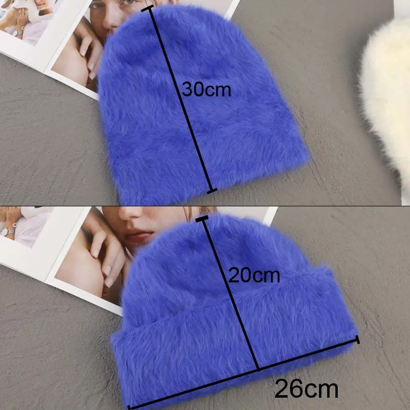 Angora Rabbit Fur Winter Hat for Women Knitted Fluffy  Beanie Ladies Fashion Warm Plush Skull  Thick Fleece Hats wholesale