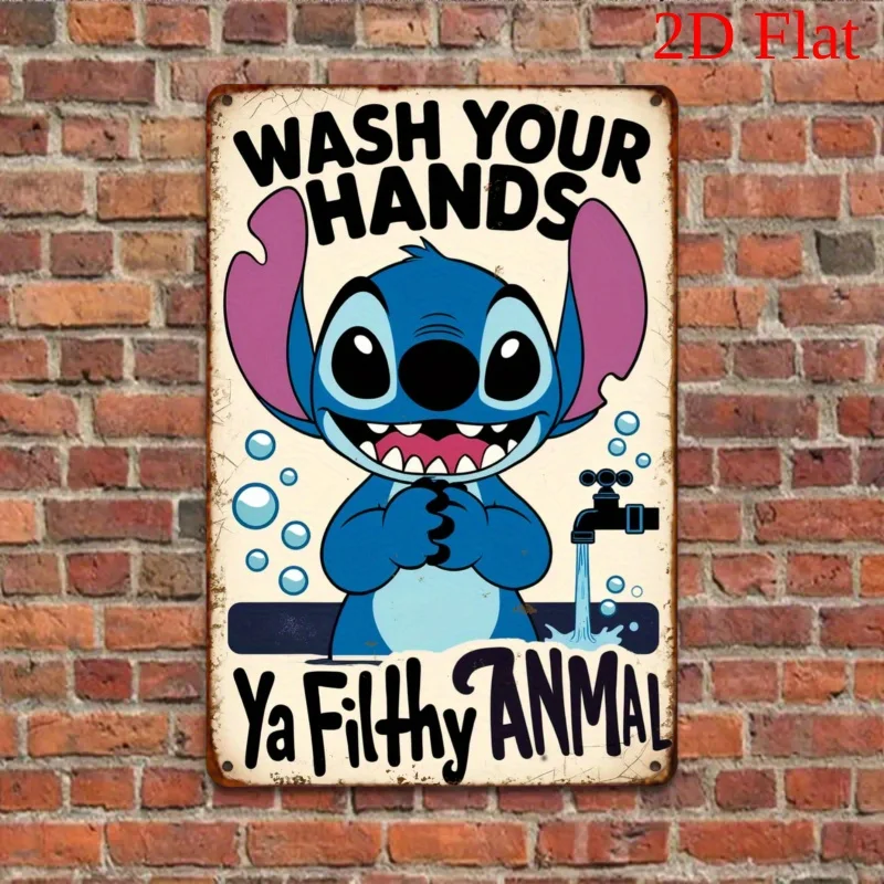 ديزني 1 قطعة علامة حائط معدنية مرخصة رسميًا من ديزني ستيتش 8 × 12 بوصة (20 × 30 سم) ديكور حمام حديدي عتيق مع غسل يديك
