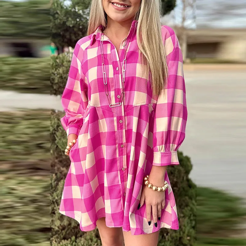 

Short Shirt Dress Women Dresses A Line Plaid Vestidos Streetwear Turn Down Collar High Waist Blouse Y2k Casual Loose Summer 2025