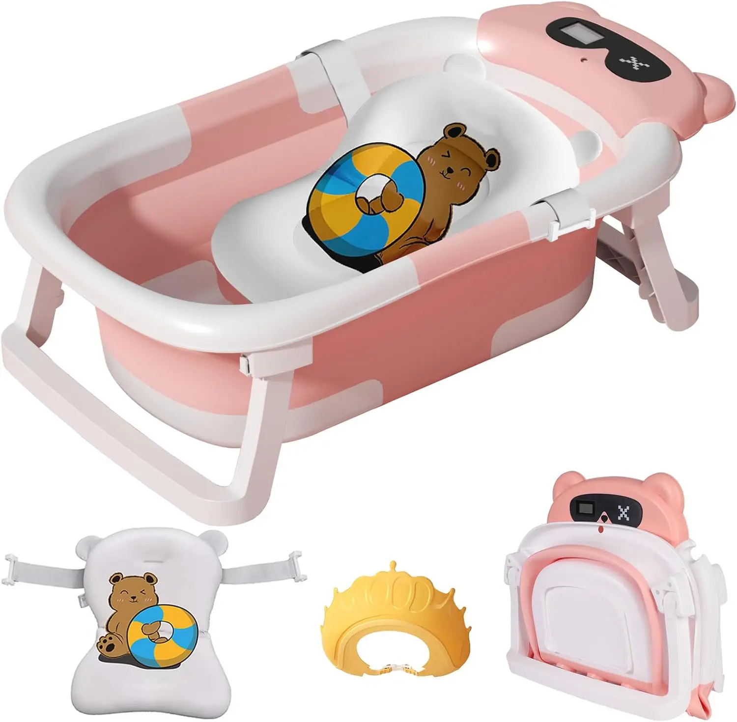 Baby Bath Tub  Foldable Baby Bath for Infants to Toddler Newborn Baby Bathtub with Thermometer & Floating Cushion