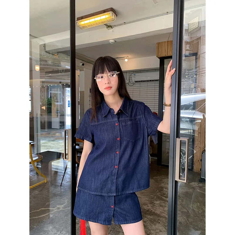 Benuynffy Retro Short Sleeved Denim Shirt Women 2026 Summer New Fashion Korean Loose Single Breasted Female Jeans Tops view 3