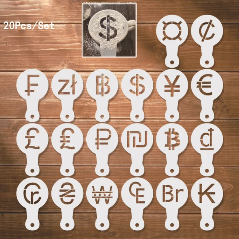 20pcs Cute Currency Coffee Stencils DIY Layering Wall Scrapbook Coloring Embossing Album Decoration Paper Card Painting Template