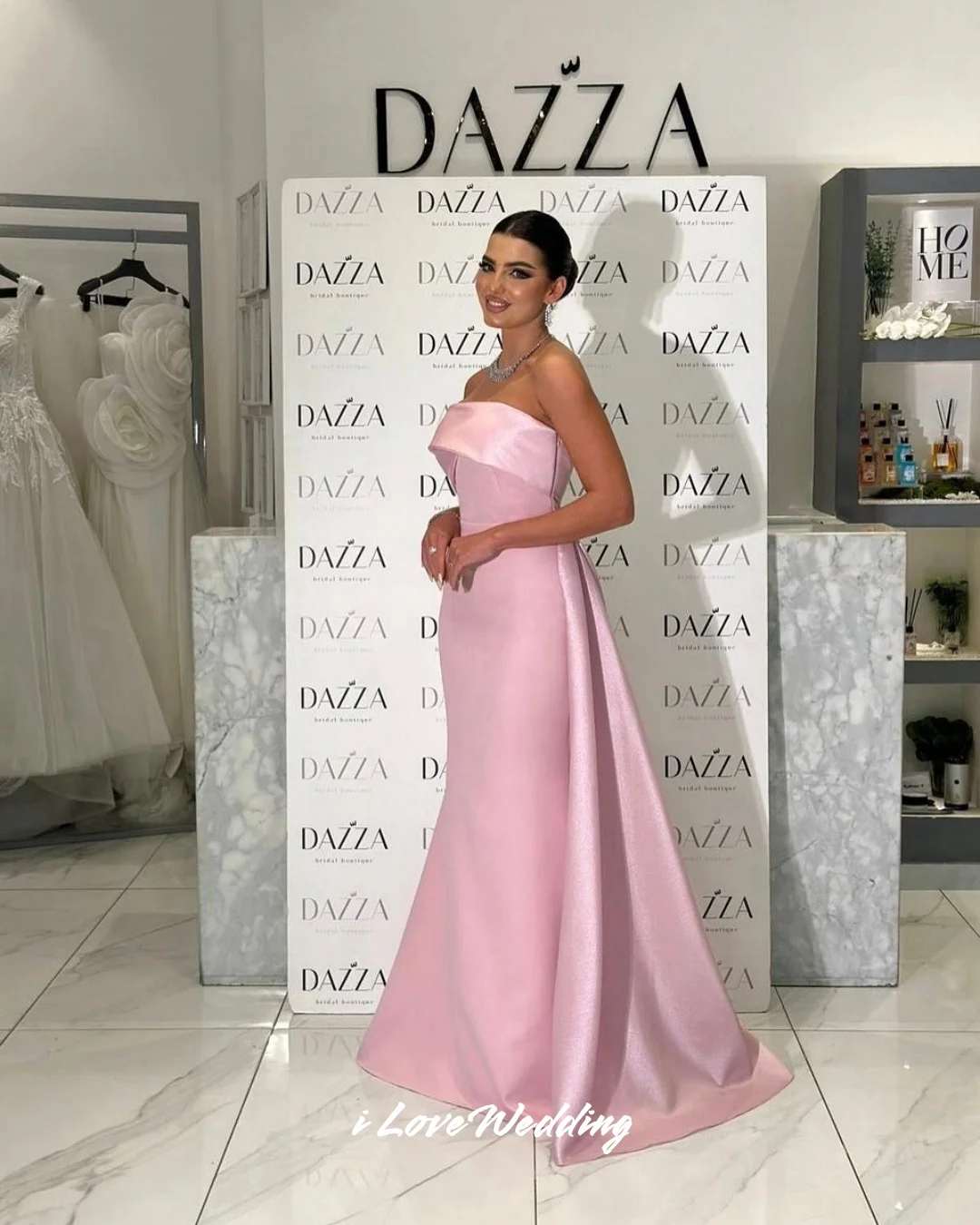 Pink Strapless Evening Dresses 2025 Satin Sleeveless Mermaid Pleated Sweep Train Floor-Length Wedding Party Dresses Customized