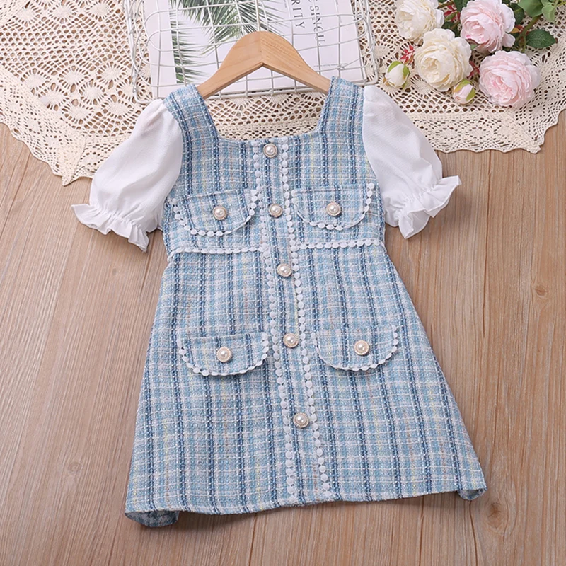 Summer Dress For Girls Puff Sleeve Princess Dress Plaid Kids Clothes Girl Dress Baby Girl Clothes