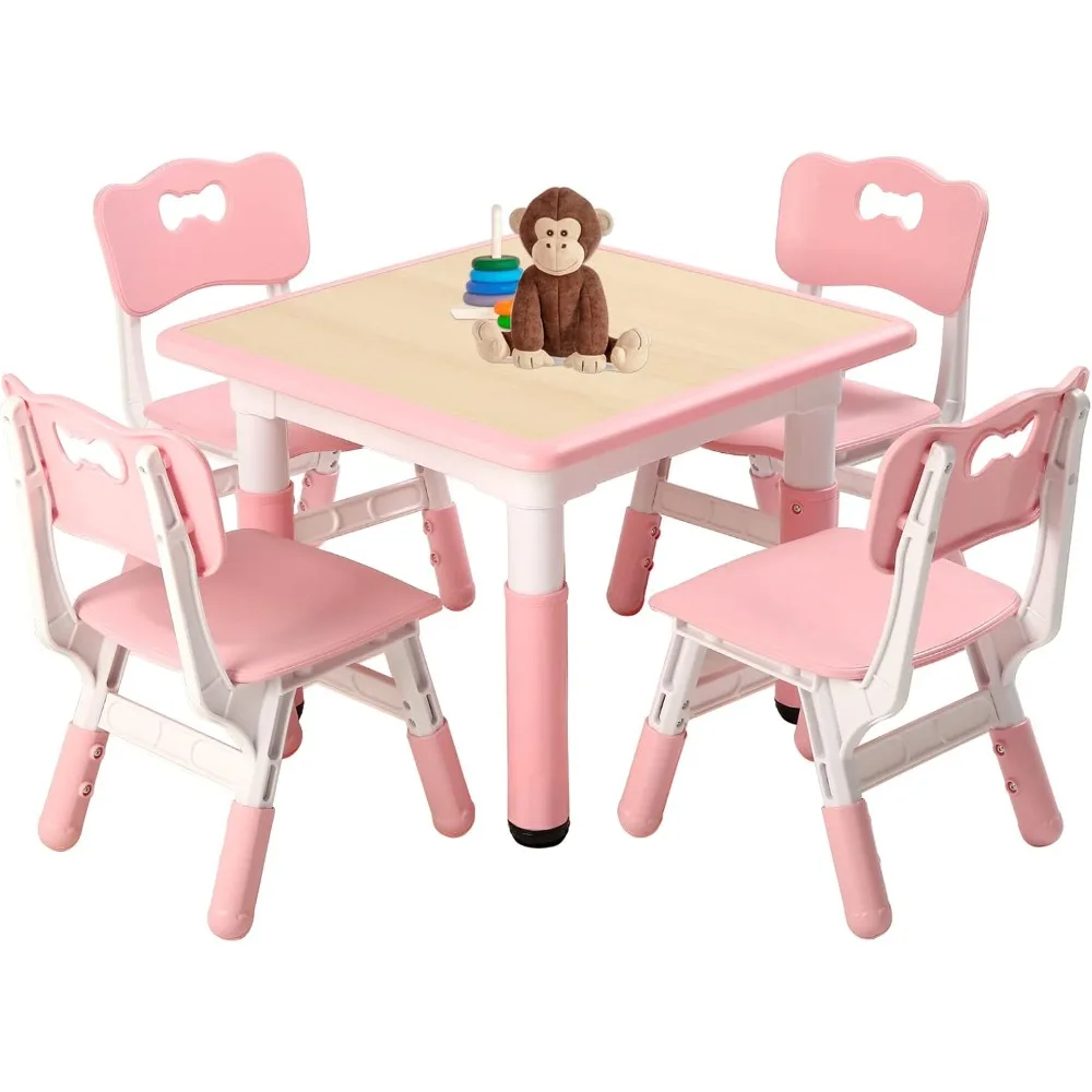 

Children's table and 4 chair set, adjustable height toddler table and chair set for 3-8 years old, pink