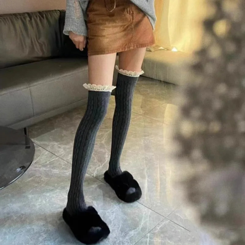 

1/2 Pairs Autumn Solid Color Slimming Lace Women's High Socks Made of Pure Cotton Casual and Comfortable Over The Knee Socks