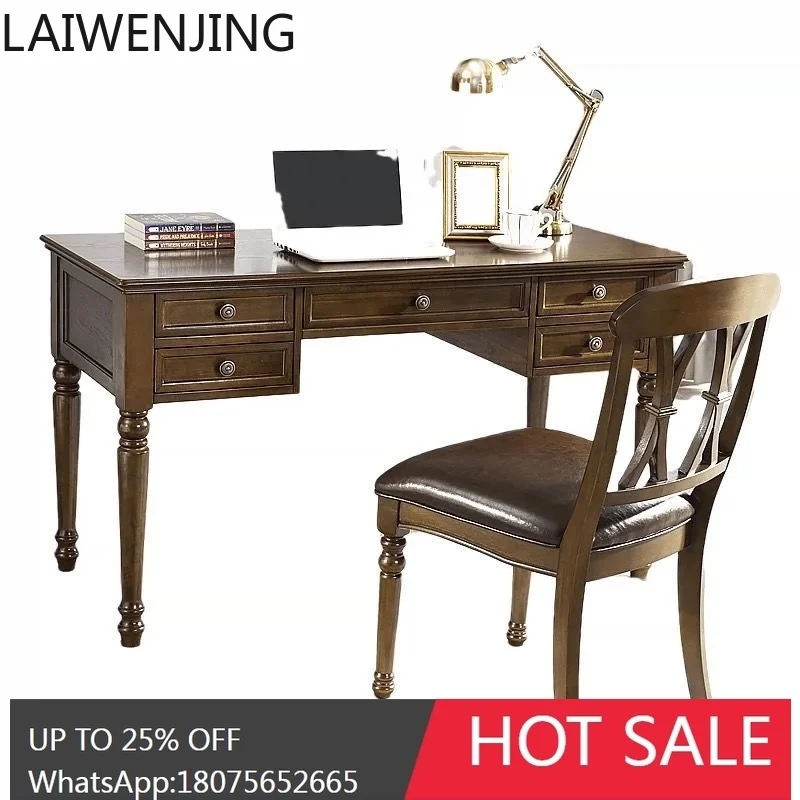 HLZ rural retro desk solid wood study furniture book chair combination computer table small apartment study table