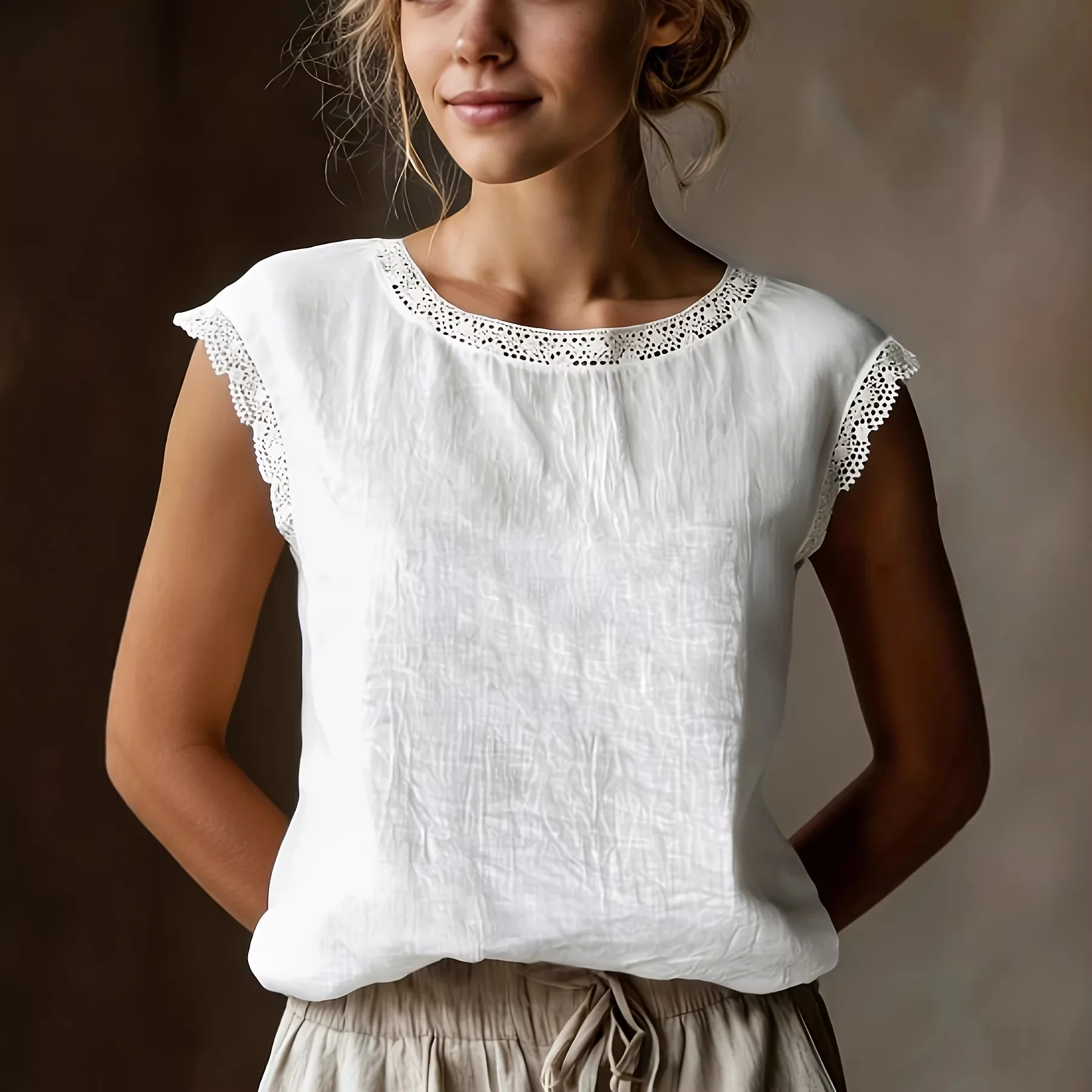 

2026 Summer Women's Linen Shirt Elegant Lace Patchwork Sleeveless Top Fashion Round Neck Loose Blouse Vintage Solid Color Tank