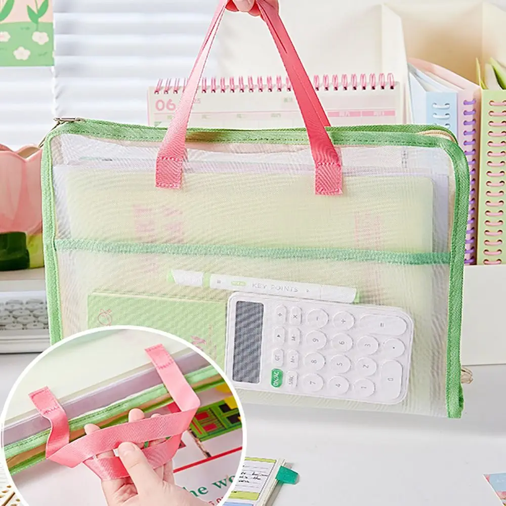 Borsa per documenti A4 portatile color caramello Borsa per documenti di grande capacità in rete Borsa per documenti trasparente per cancelleria Materiale scolastico