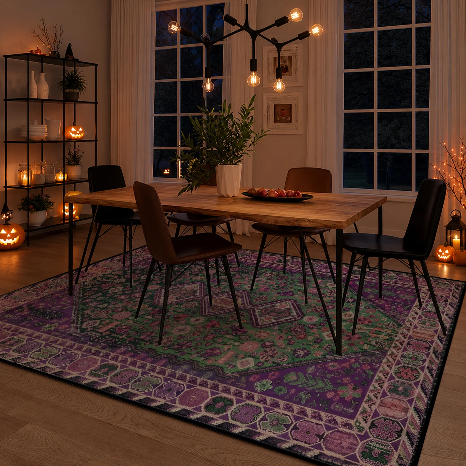 Large Indoor Area Rug, Soft Velvet Low Pile Non-Slip Dotted Backing Machine Washable Bohemian Tribal Geometric Pattern, Vintage Purple Green Floor Carpet for Living Room Bedroom