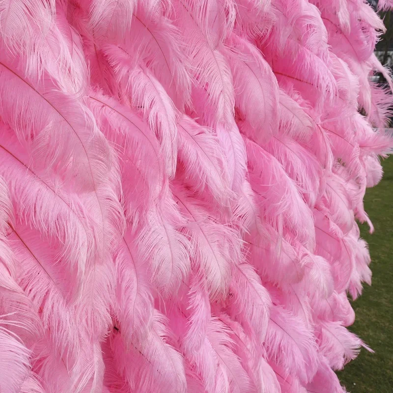 Pink Real Ostrich Feather Backdrop Wall,Wedding Stage and Banquet Decoration,5D Rolling Up Cloth Floral Wall,easy Installation