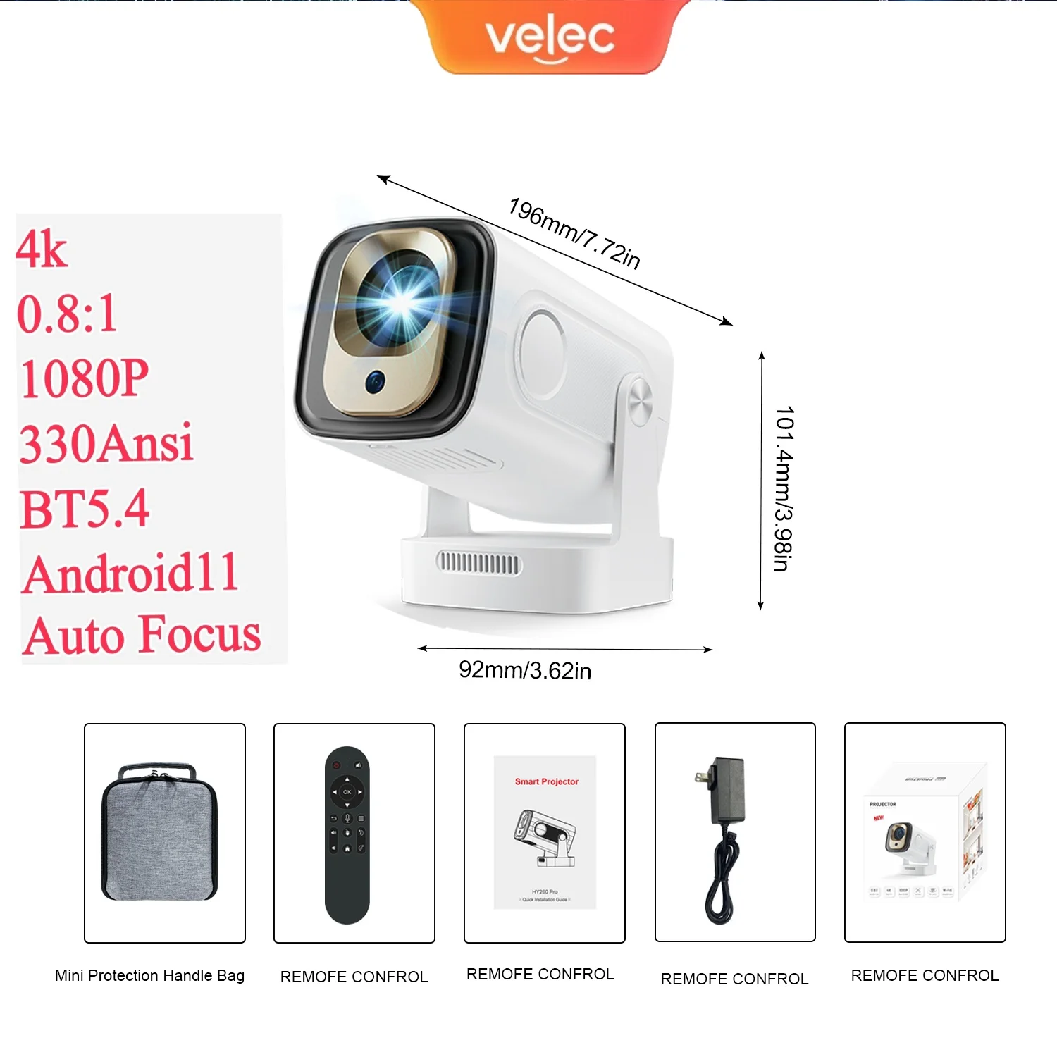 

Velec HY260 1080P 330ANSI Projector 4K Android 11 WiFi6 BT5.4 Projector with Storage Bag Auto Focus Home Mini Portable Projector