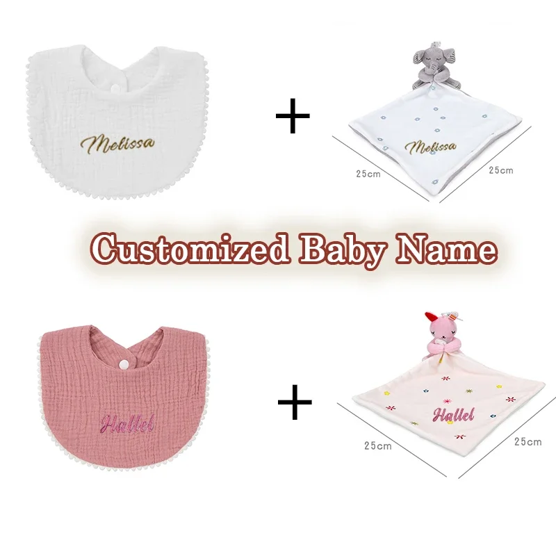 

2Pcs/Set Personalized Baby Comforter First Name Plush Custom Baby Bib Boy Girl Accessories Newborn Security Blanket Cuddle Cloth