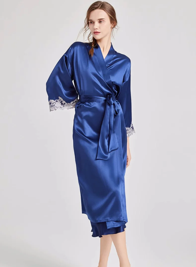 

100% Mulberry Silk Long Robe Gown Sleepwear Sets Lace Trim Womens Spring Summer Leisure Sexy Pyjamas 2Pieces Satin Nightwear