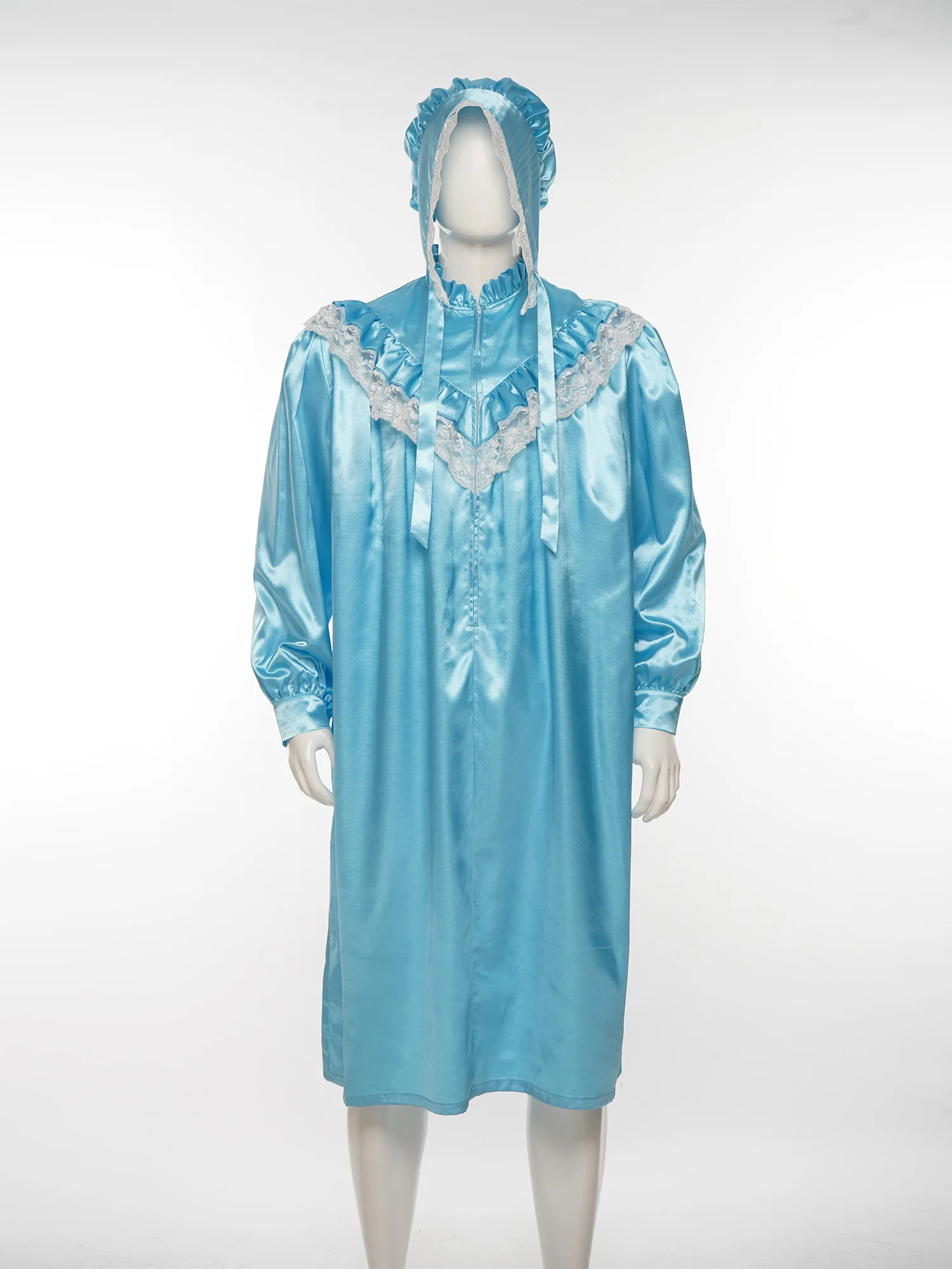 Men Satiny Victorian Nightgown with Hat Set Long Sleeve Front Zipper Sleep Dress and Bonnet for Vintage Pajamas Party