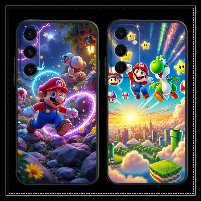 Samsung Galaxy S25 S24 S23 S22 S21 S20 S10 Ultra Plus FE 5G用 クリエイティブM-Marios柄 ブラック ソフトTPUカバー