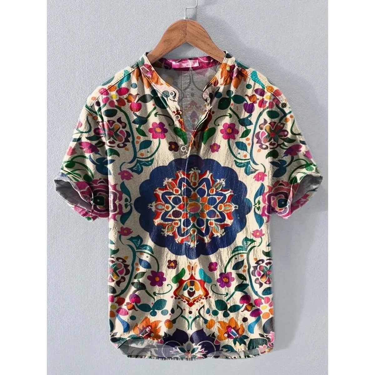 New floral pattern art print high quality shirt, linen shirt street fashion casual shirt, comfortable and breathable fabric quic