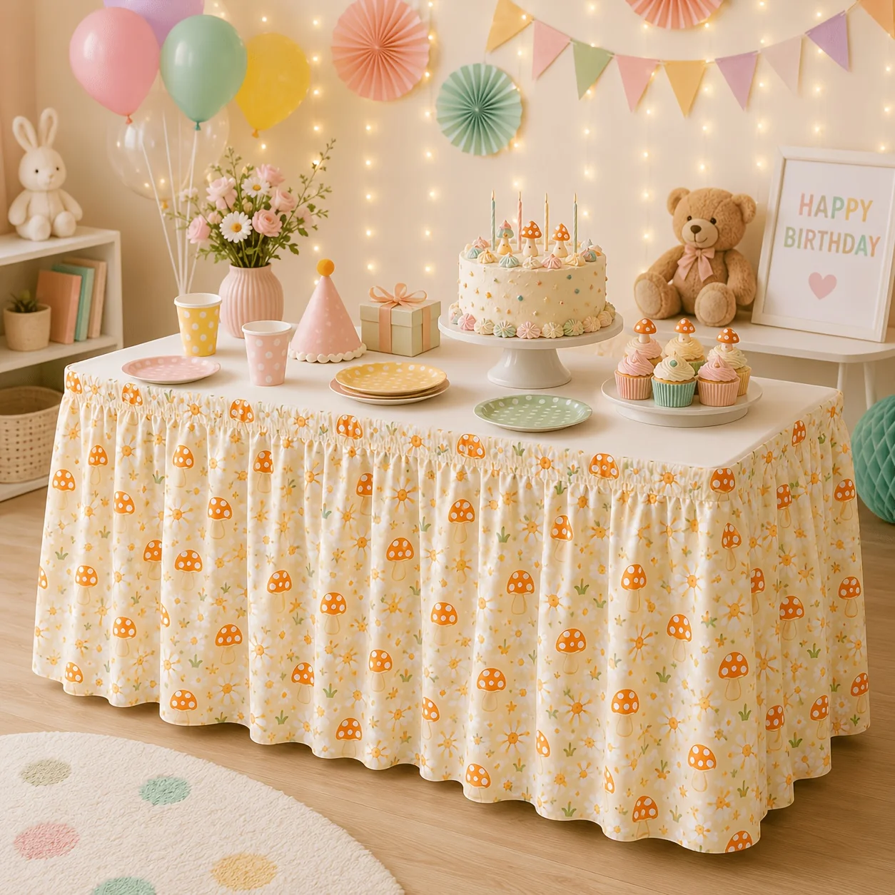 2D flat banner - Sky blue soft-toned butterfly daisy tablecloth, for birthday party self-service dessert table decorationxzj