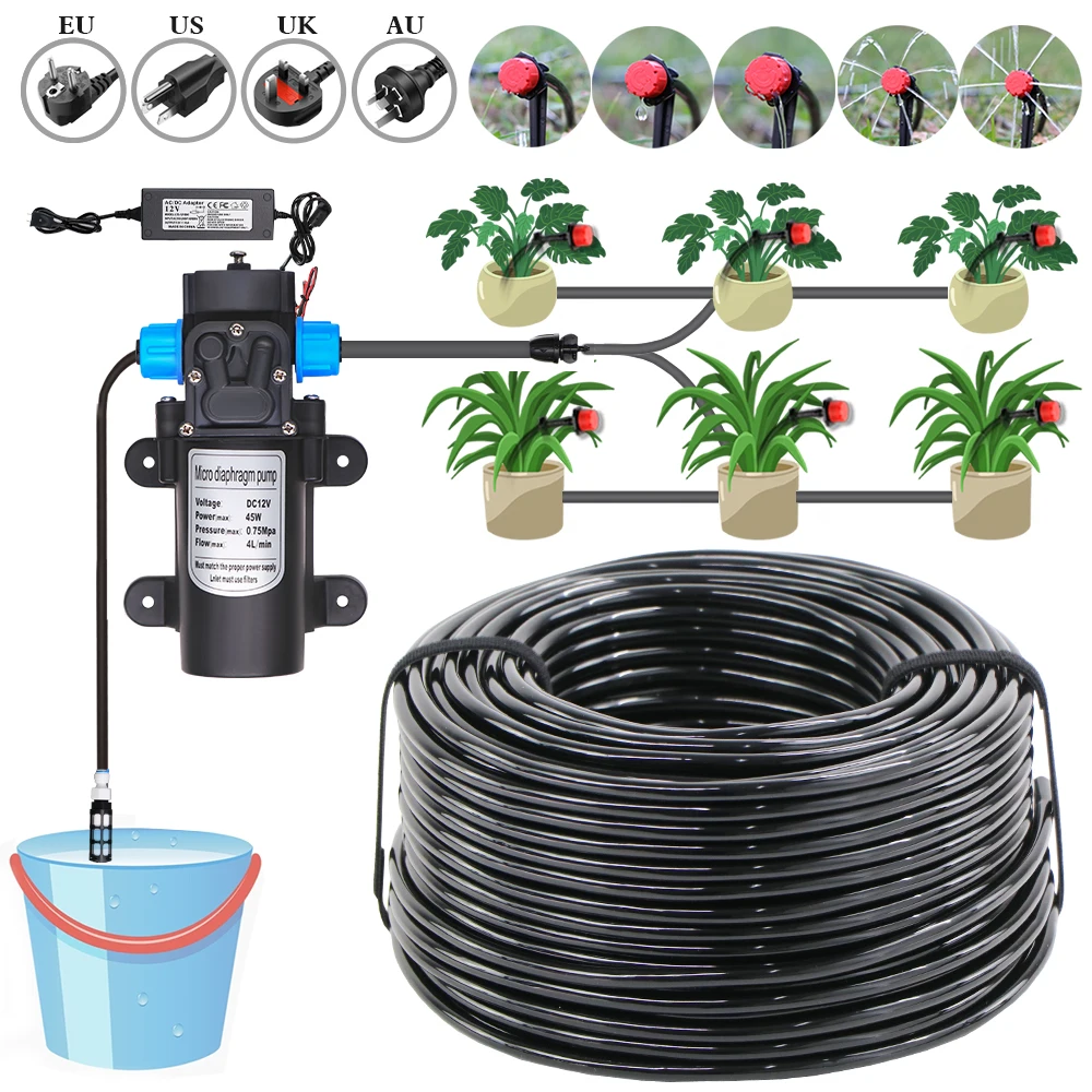 

100-240V Pump Self-priming Garden Irrigation Watering System Adjustable Red 8 Holes Dripper Sprinkler 1/4'' Hose for Greenhouse