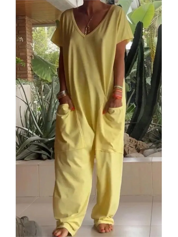 

Летний женский новый однотонный комбинезон с v-образным вырезом и карманами, модный элегантный повседневный свободный праздничный женский комбинезон, женская одежда