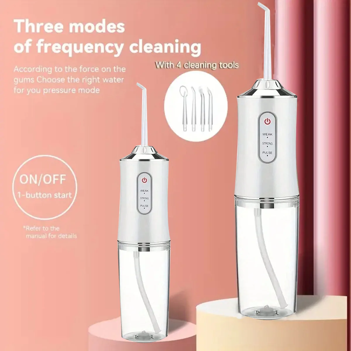 Dental Floss, Portable Cordless Oral Irrigator Cleaning 3 Modes, Waterproof Rechargeable Dental Cleaner, with 4 Nozzles