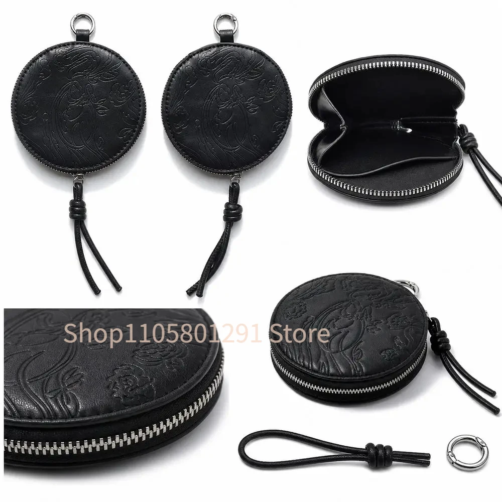 PU Leather Round Coin Purse Arirang Embossed Pattern Round Shape Zipper Coin Pouch Cord Pull Zipper Closure Small Coin Wallet